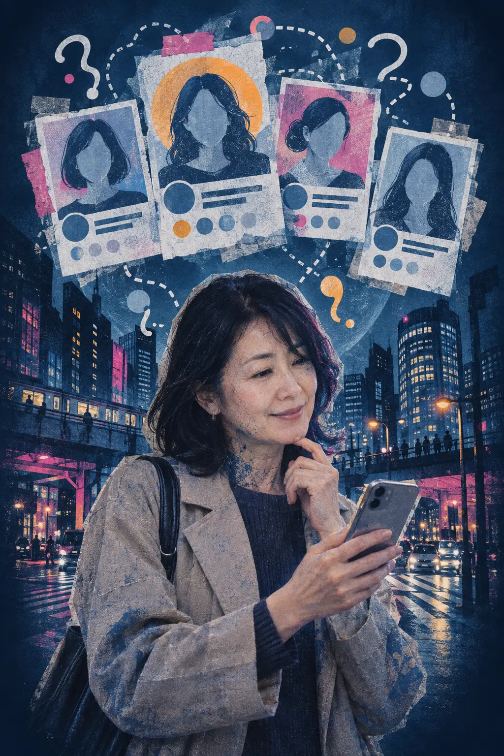 夜の街でスマートフォンを見ながら考え込む人